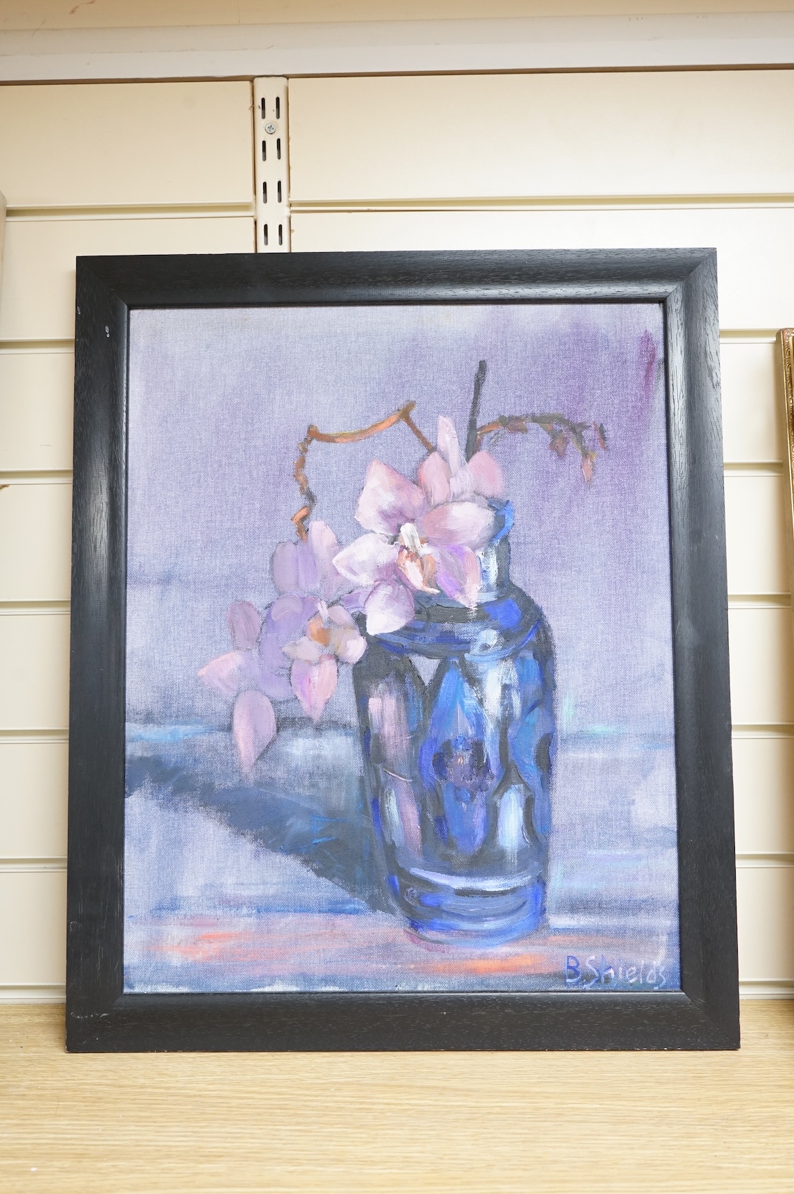 B. Shields, Orchid in Moroccan pot, signed, oil on board, together with another Still life on canvas by the same artist, largest 49 x 42cm, unframed